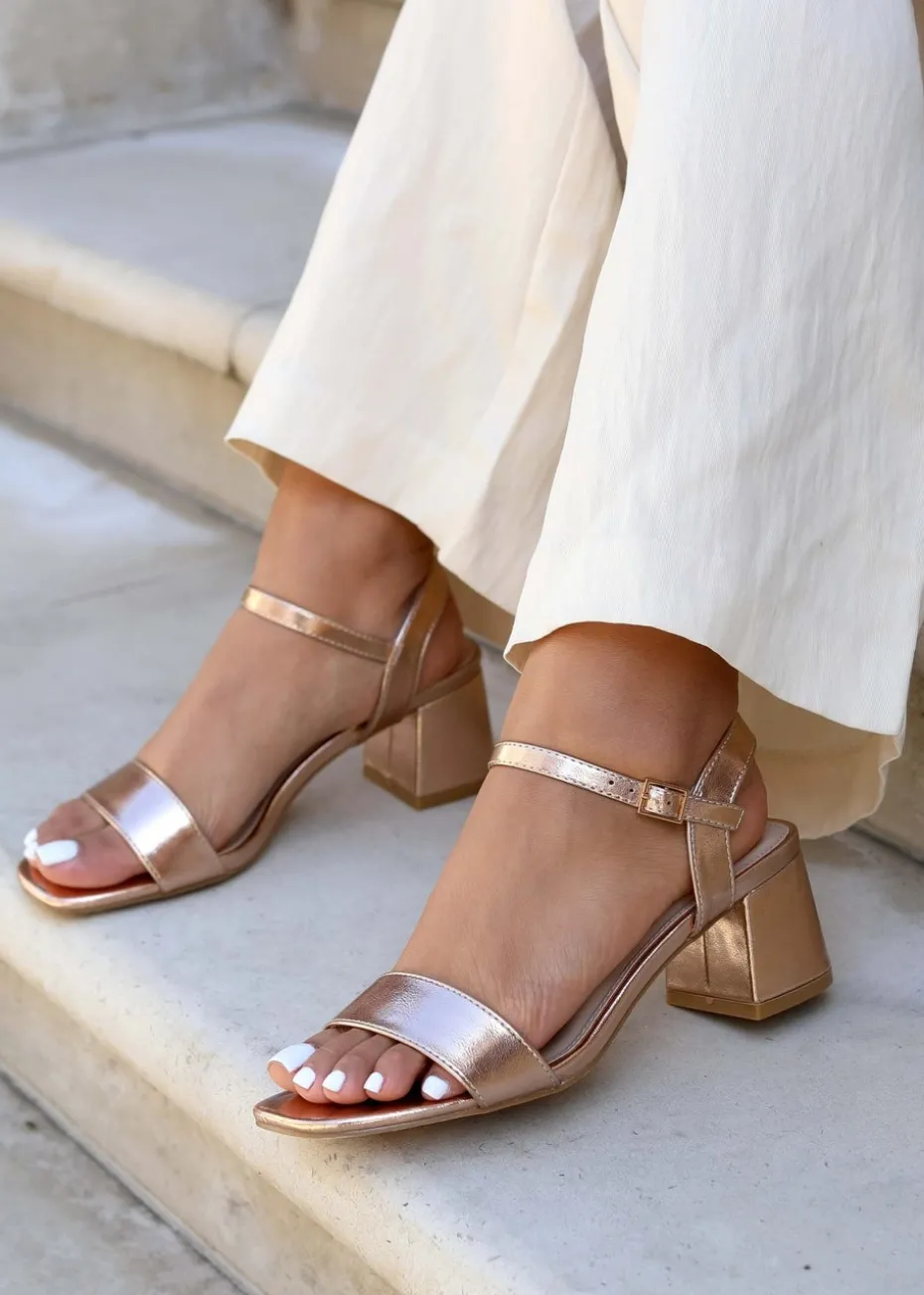 Linzi Darcie Rose Gold Faux Leather Low Chunky Block Heeled Sandal