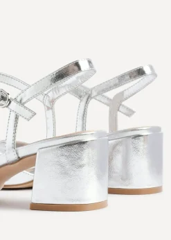 Linzi Darlene Silver Faux Leather Low Block Heeled Sandals