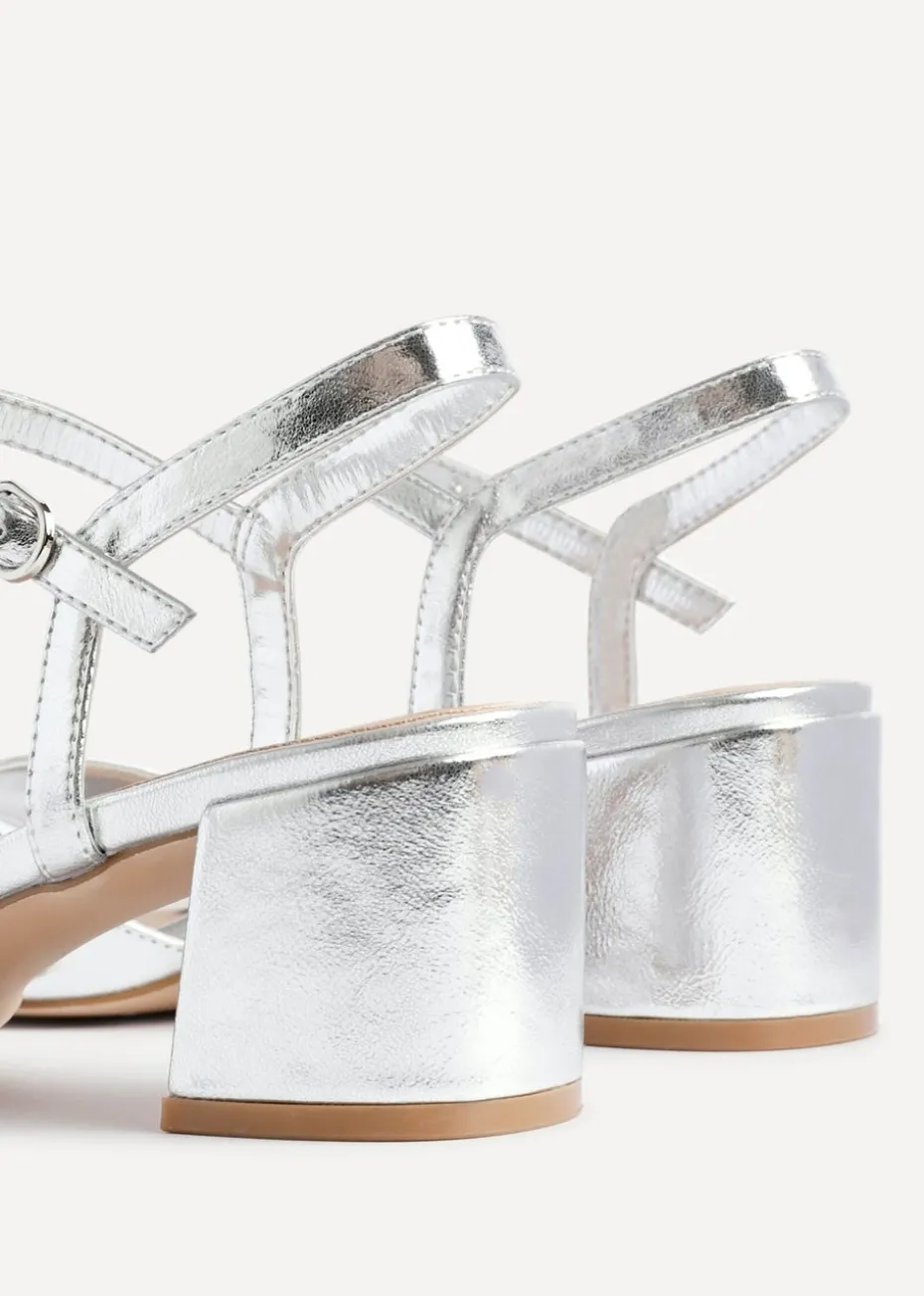 Linzi Darlene Silver Faux Leather Low Block Heeled Sandals