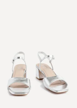 Linzi Darlene Silver Faux Leather Low Block Heeled Sandals