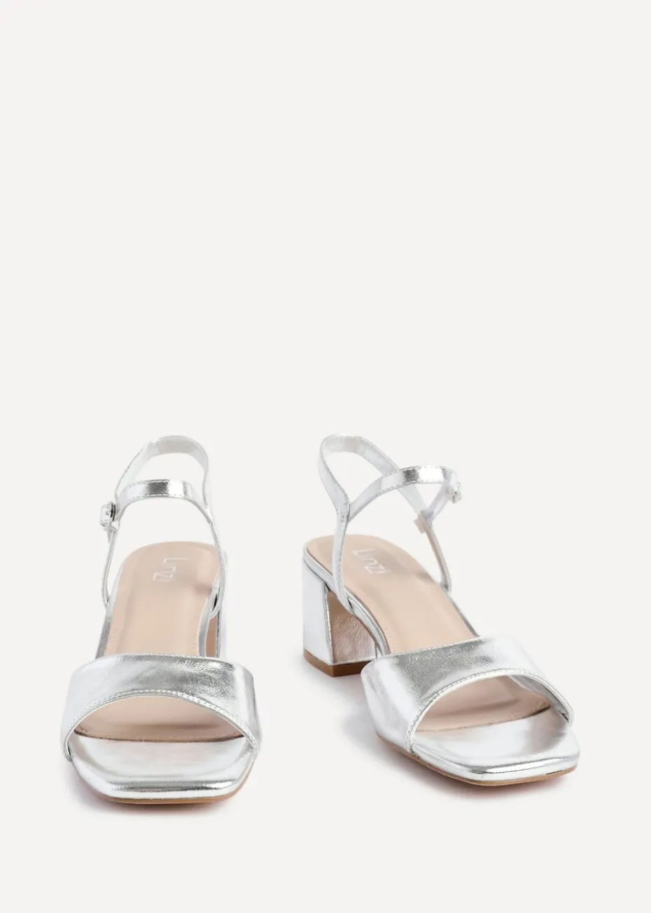 Linzi Darlene Silver Faux Leather Low Block Heeled Sandals