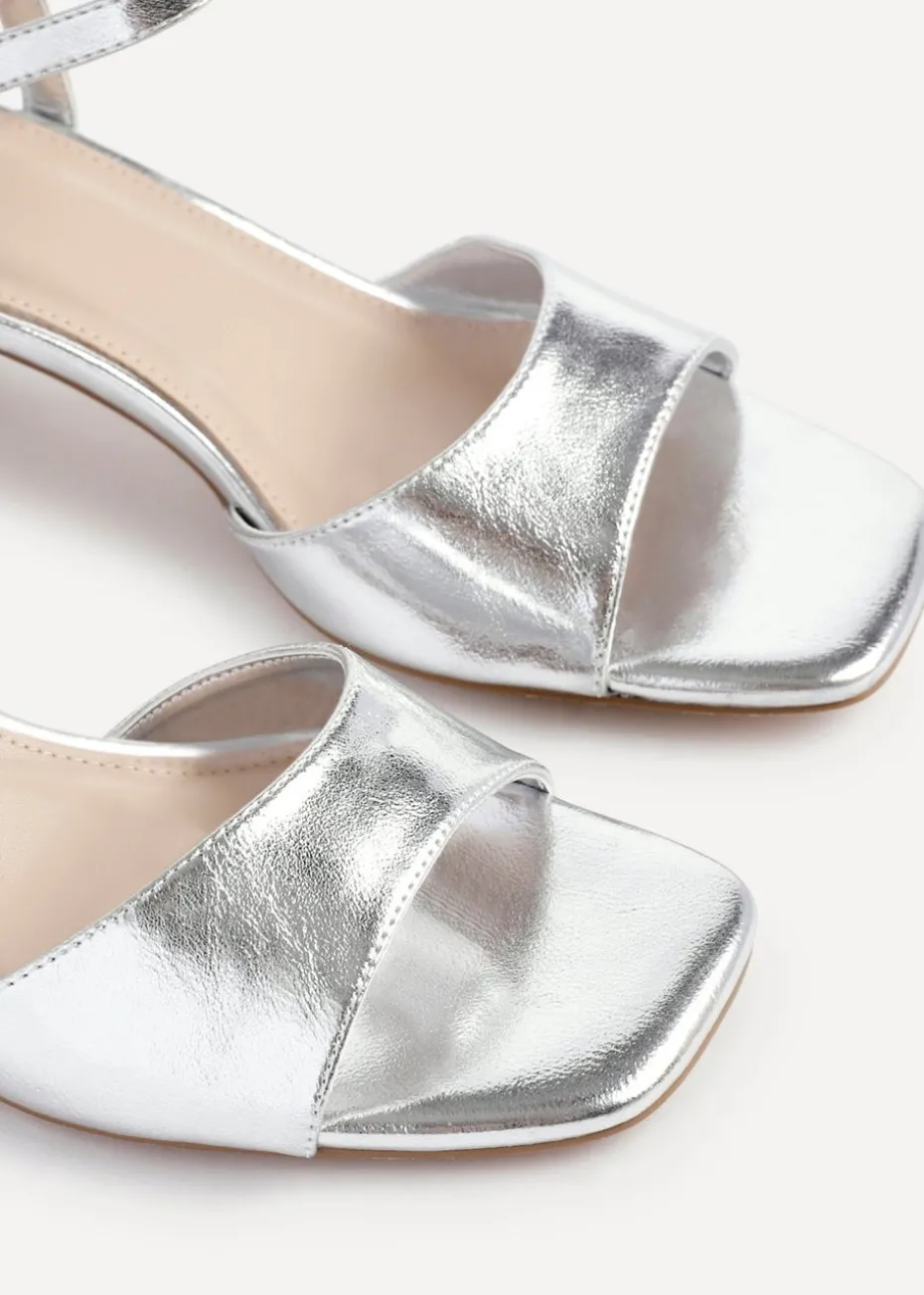 Linzi Darlene Silver Faux Leather Low Block Heeled Sandals