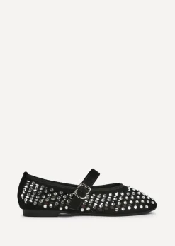 Linzi Delicate Black Suede Diamante Embellished Ballet Pumps