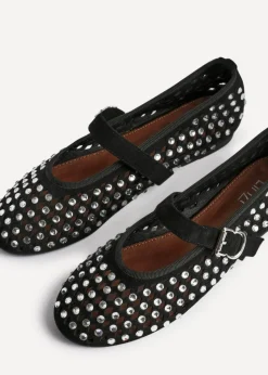 Linzi Delicate Black Suede Diamante Embellished Ballet Pumps