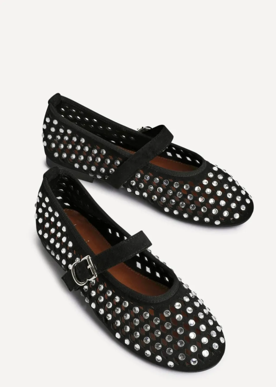 Linzi Delicate Black Suede Diamante Embellished Ballet Pumps