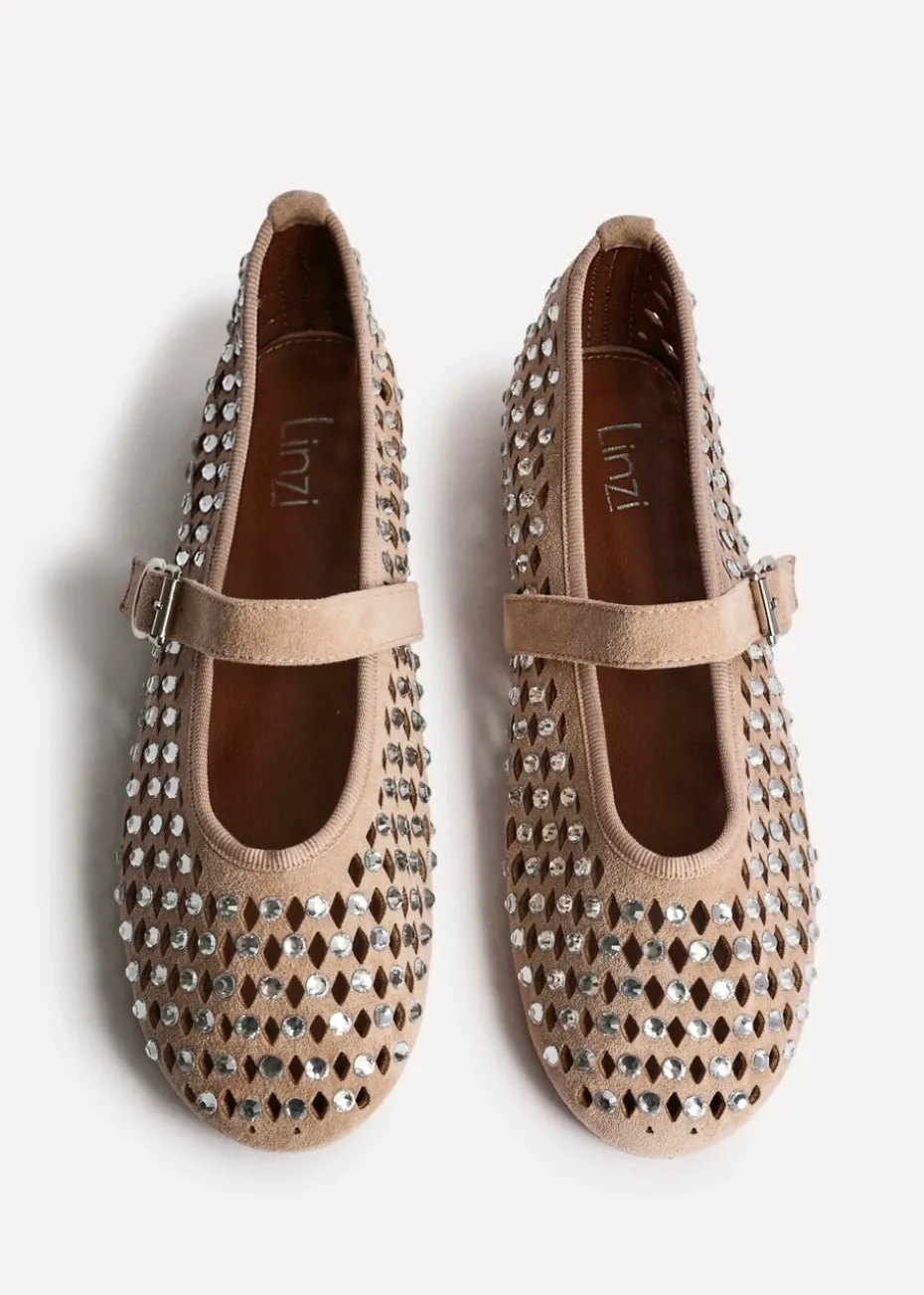 Linzi Delicate Sand Suede Diamante Embellished Ballet Pumps