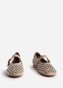 Linzi Delicate Sand Suede Diamante Embellished Ballet Pumps