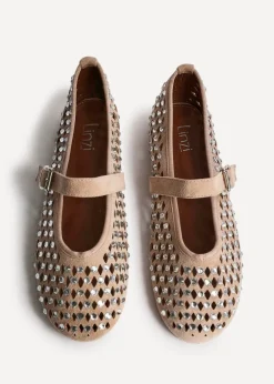 Linzi Delicate Sand Suede Diamante Embellished Ballet Pumps