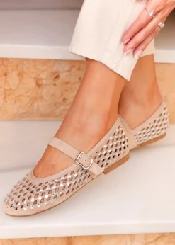 Linzi Delicate Sand Suede Diamante Embellished Ballet Pumps