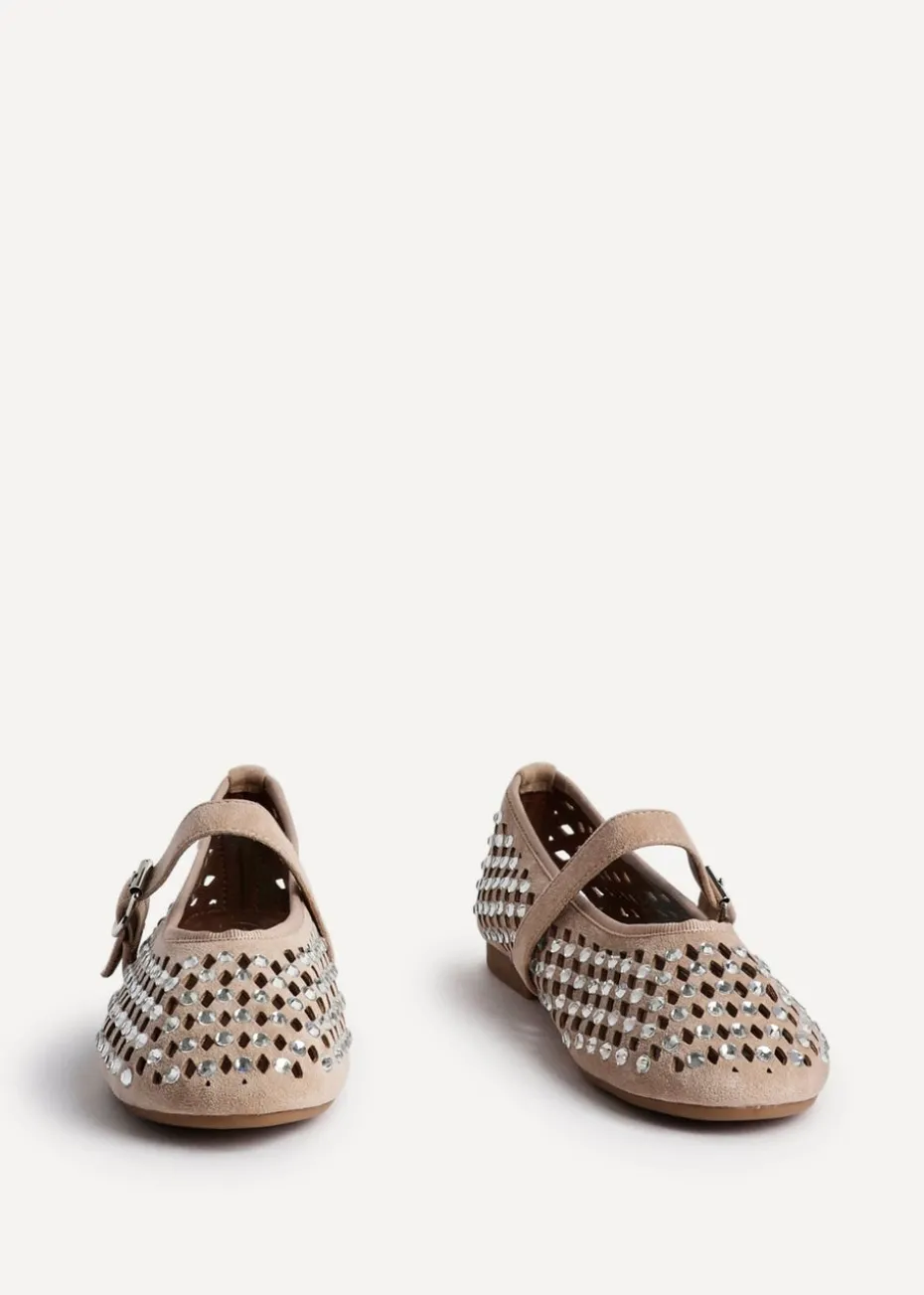 Linzi Delicate Sand Suede Diamante Embellished Ballet Pumps