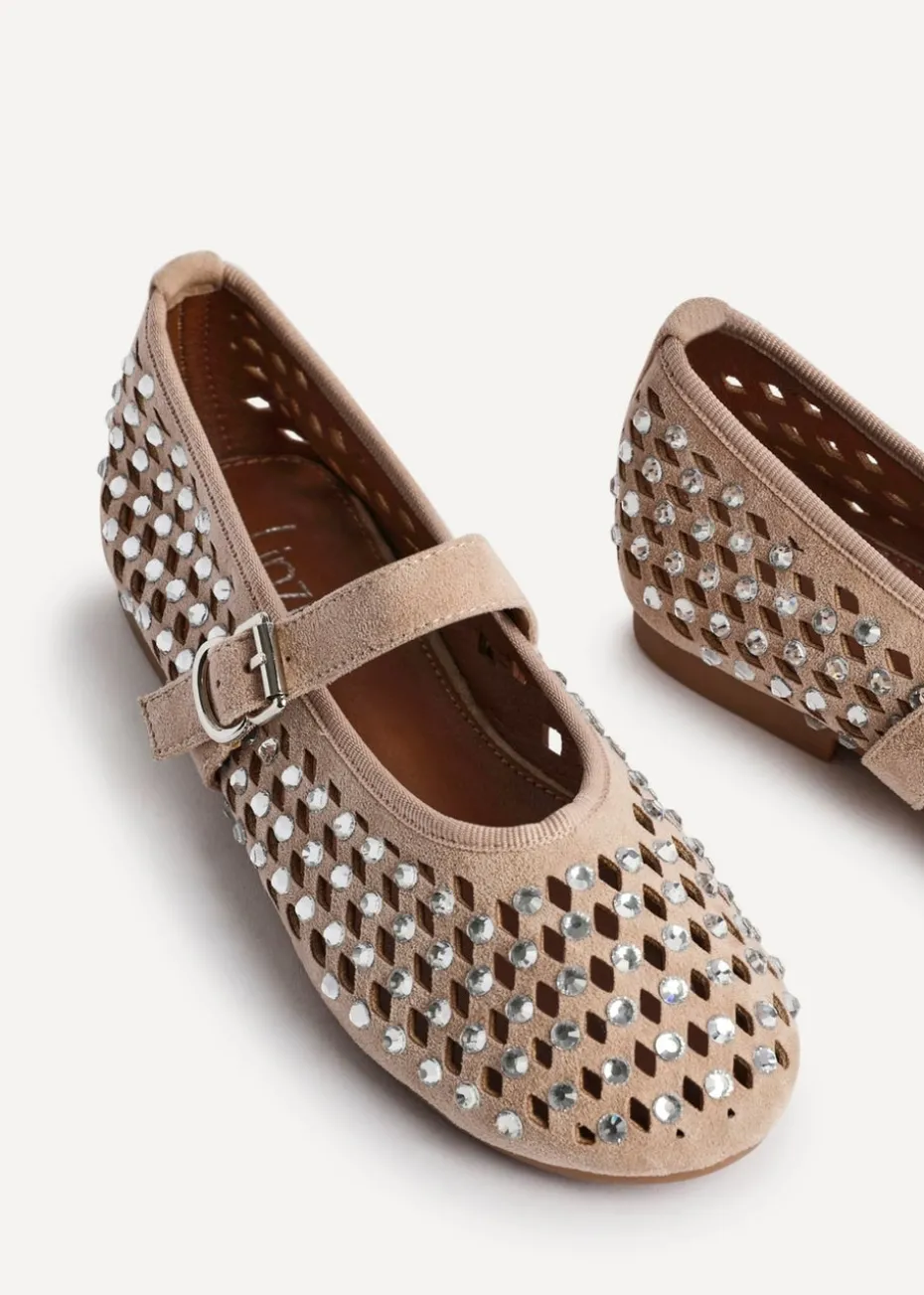 Linzi Delicate Sand Suede Diamante Embellished Ballet Pumps