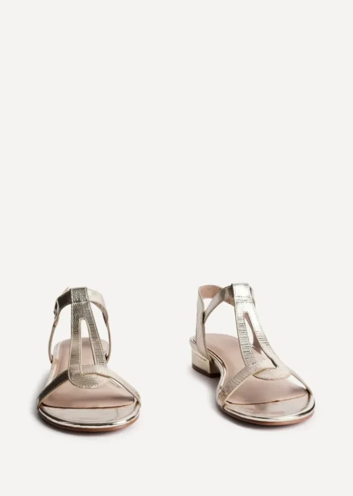 Linzi Deluxe Wide Fit Gold Faux Leather T Bar Looped Low Heeled Sandal