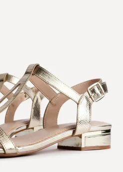 Linzi Deluxe Wide Fit Gold Faux Leather T Bar Looped Low Heeled Sandal