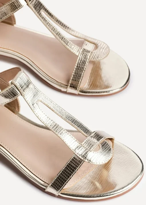 Linzi Deluxe Wide Fit Gold Faux Leather T Bar Looped Low Heeled Sandal