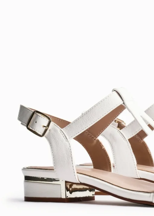 Linzi Deluxe Wide Fit White Faux Leather T Bar Looped Low Heeled Sandal
