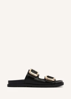 Linzi Denver Black Faux Leather Double Buckle Footbed Slider