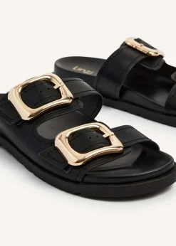 Linzi Denver Black Faux Leather Double Buckle Footbed Slider