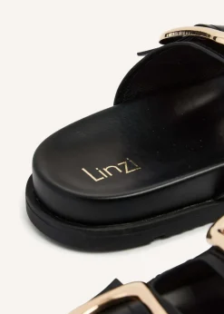 Linzi Denver Black Faux Leather Double Buckle Footbed Slider