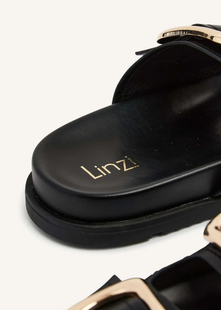 Linzi Denver Black Faux Leather Double Buckle Footbed Slider
