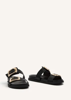 Linzi Denver Black Faux Leather Double Buckle Footbed Slider