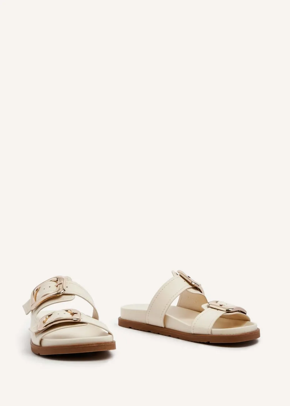 Linzi Denver Ivory Faux Leather Double Buckle Footbed Slider