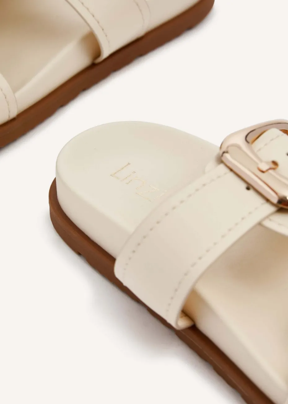 Linzi Denver Ivory Faux Leather Double Buckle Footbed Slider