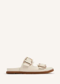 Linzi Denver Ivory Faux Leather Double Buckle Footbed Slider