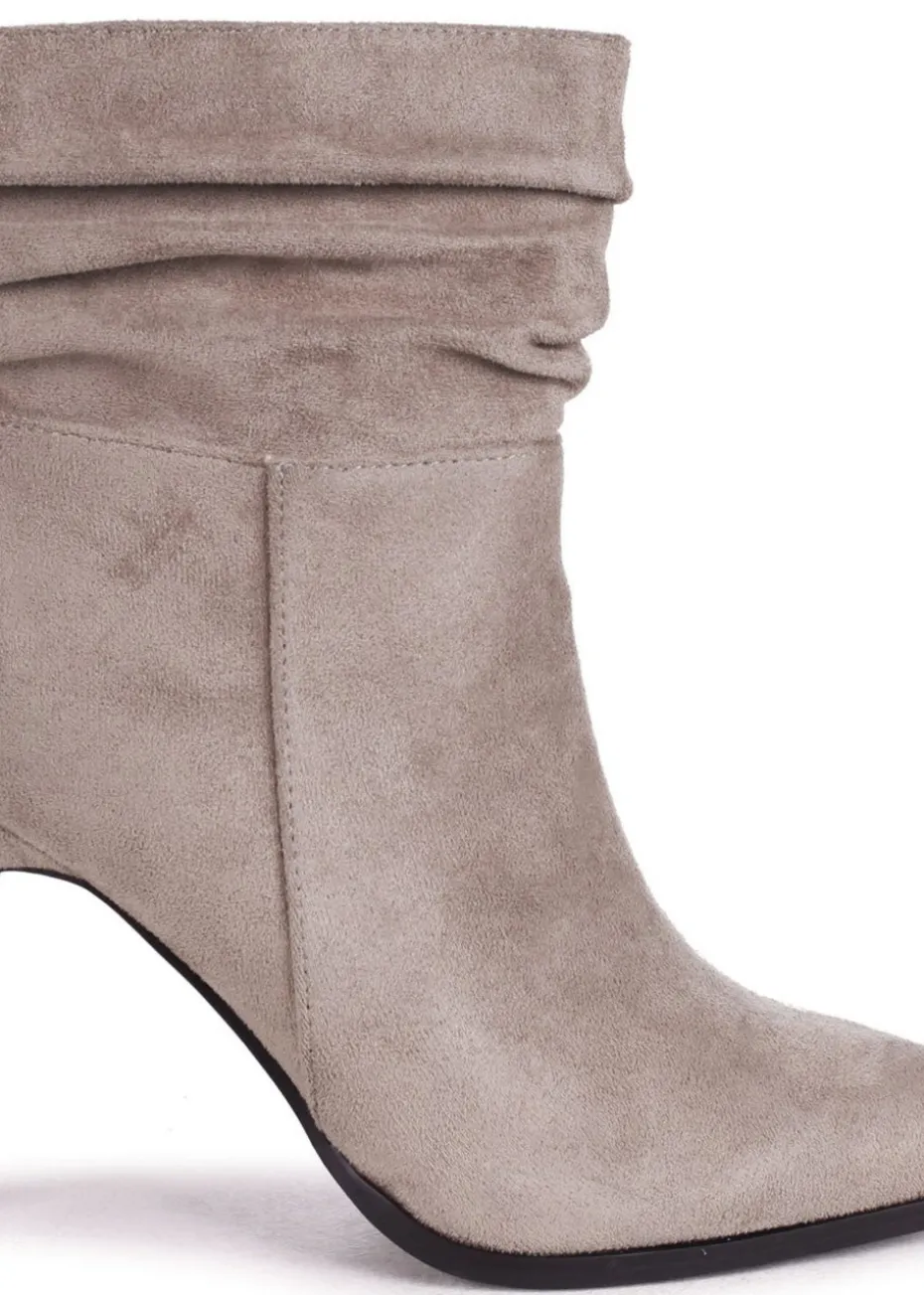 Linzi Eclipse Mocha Suede Ruched Pointed Stiletto Boot Heel