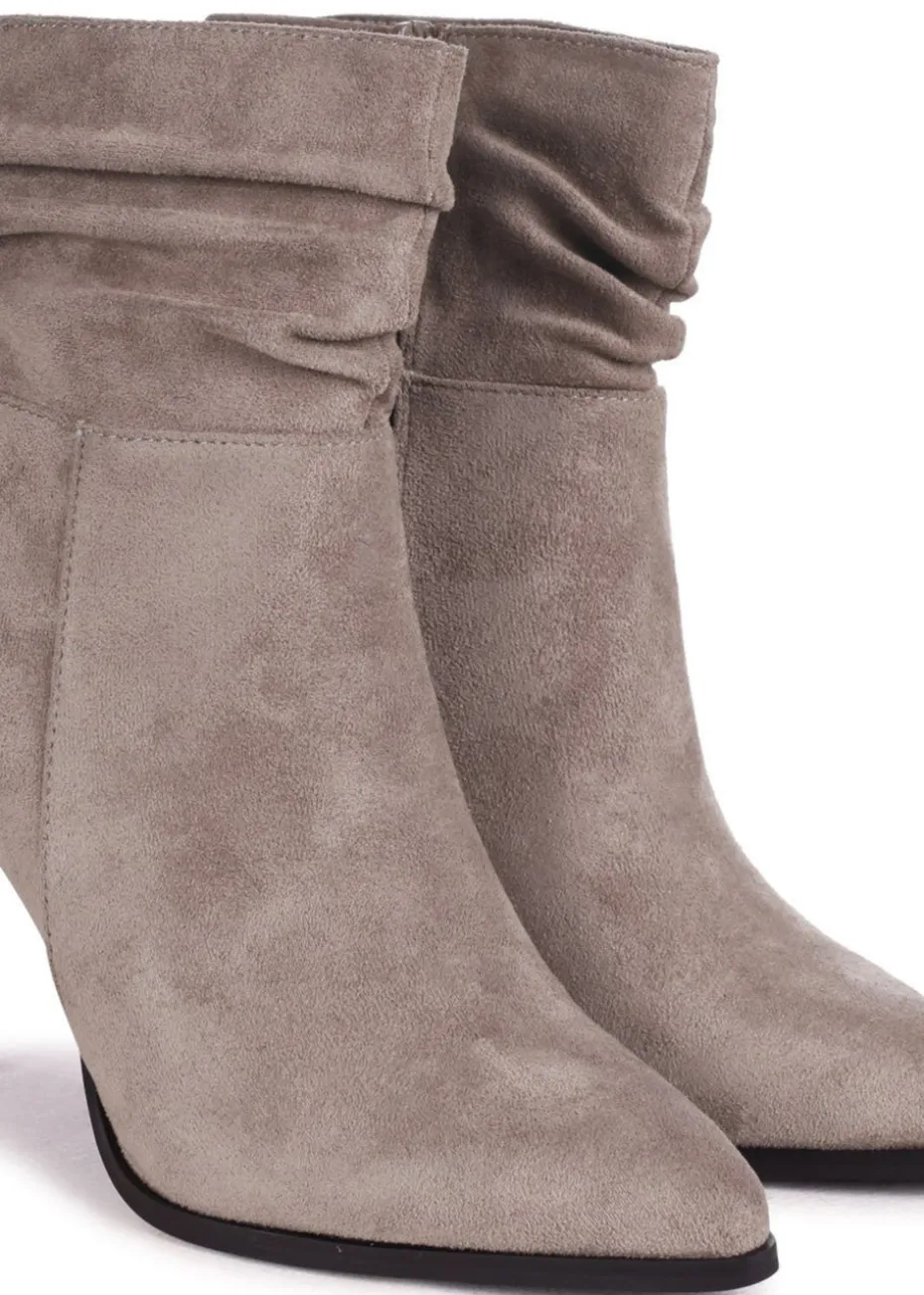 Linzi Eclipse Mocha Suede Ruched Pointed Stiletto Boot Heel