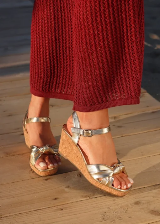 Linzi Elyah Gold Faux Leather Cork Wedge