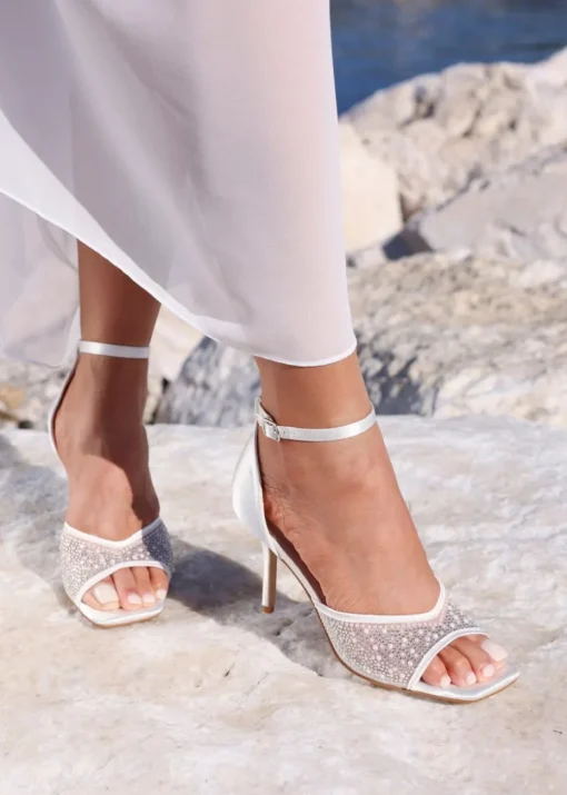 Linzi Encanta Ivory Satin Diamante Mesh Stiletto Heeled Sandal