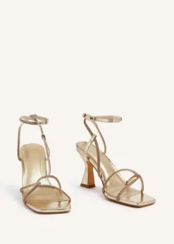 Linzi Entice Gold Faux Leather Diamante Embellishes Strappy Heel
