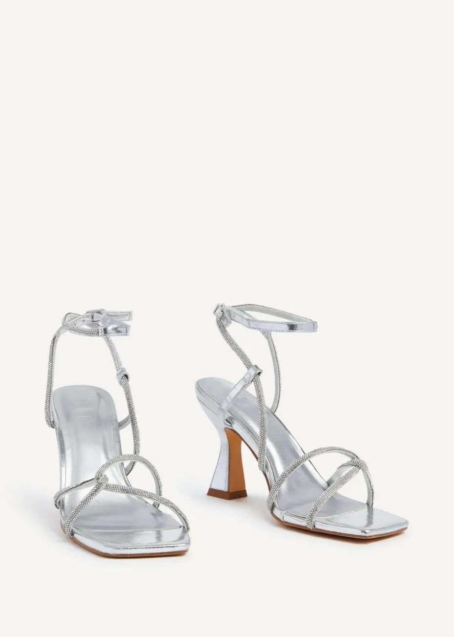 Linzi Entice Silver Faux Leather Diamante Embellishes Strappy Heel