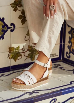 Linzi Evie White Faux Leather Cut Out Woven Espadrille Inspired Platform Wedge