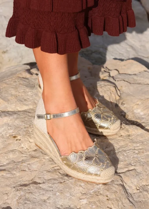 Linzi Florentina Gold Floral Embroidered Espadrille Platform Wedge