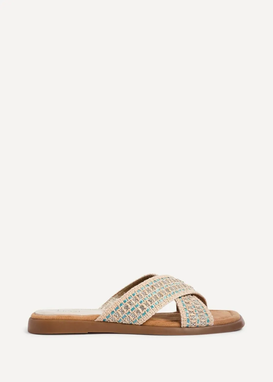 Linzi Genie Blue Embellished Raffia Flat Slider Sandal