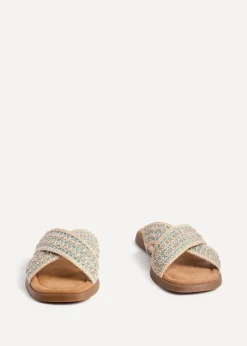 Linzi Genie Blue Embellished Raffia Flat Slider Sandal