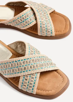 Linzi Genie Blue Embellished Raffia Flat Slider Sandal