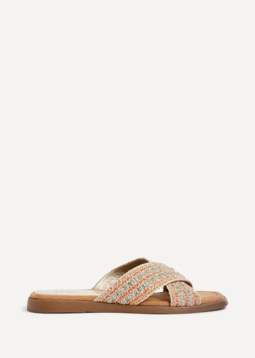 Linzi Genie Orange Embellished Raffia Flat Slider Sandal