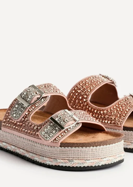 Linzi Glitzy Pink Diamante Double Buckle Flatform Slider Sandal
