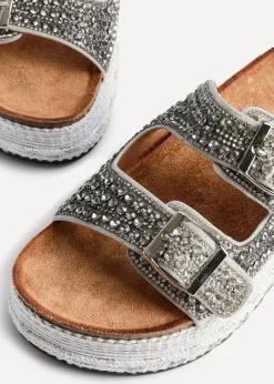 Linzi Glitzy Silver Diamante Double Buckle Flatform Slider Sandal