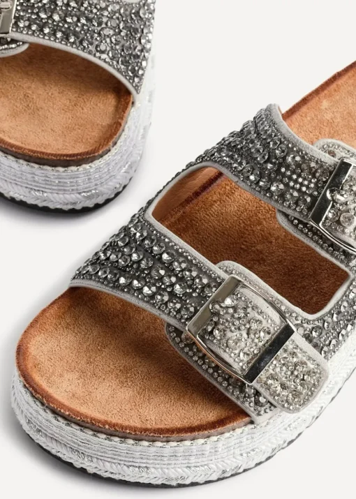 Linzi Glitzy Silver Diamante Double Buckle Flatform Slider Sandal
