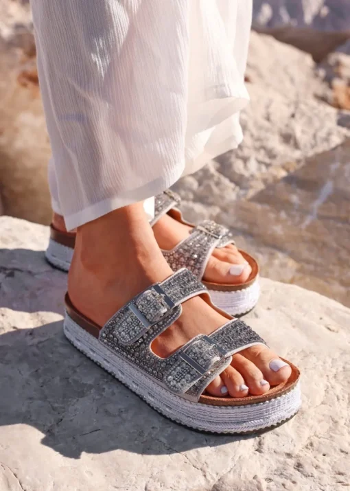 Linzi Glitzy Silver Diamante Double Buckle Flatform Slider Sandal