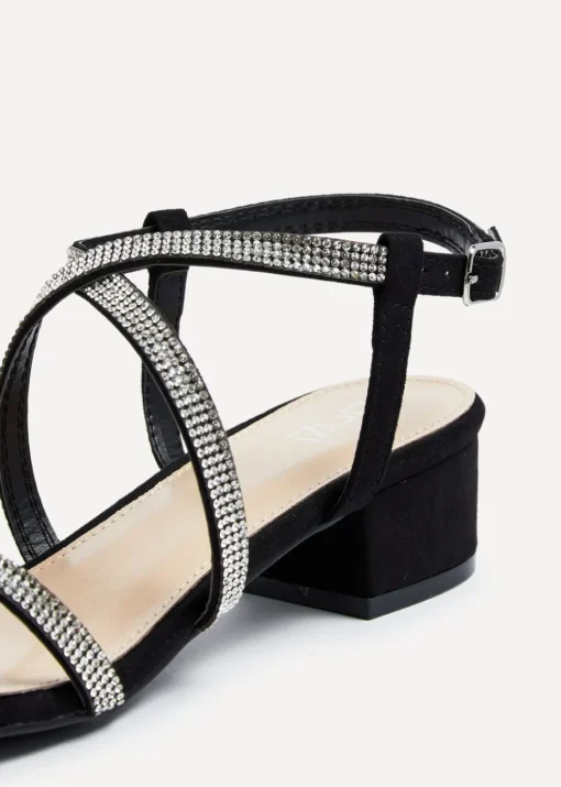 Linzi Glow Black Faux Suede Crossover Diamante Straps Low Block Heeled Sandal