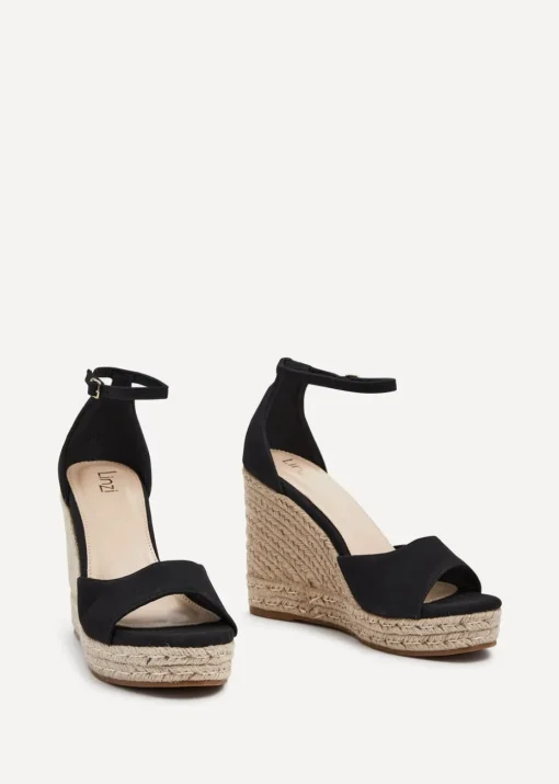 Linzi Gracio Black Faux Suede Rope Platform Wedge