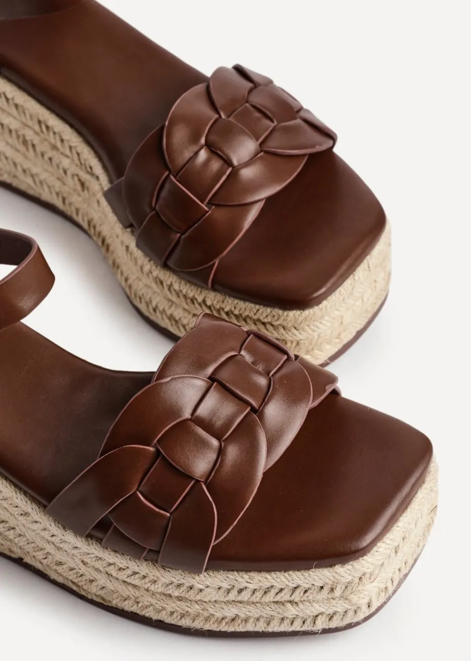 Linzi Grazia Brown Faux Leather Plaited Platform Wedge