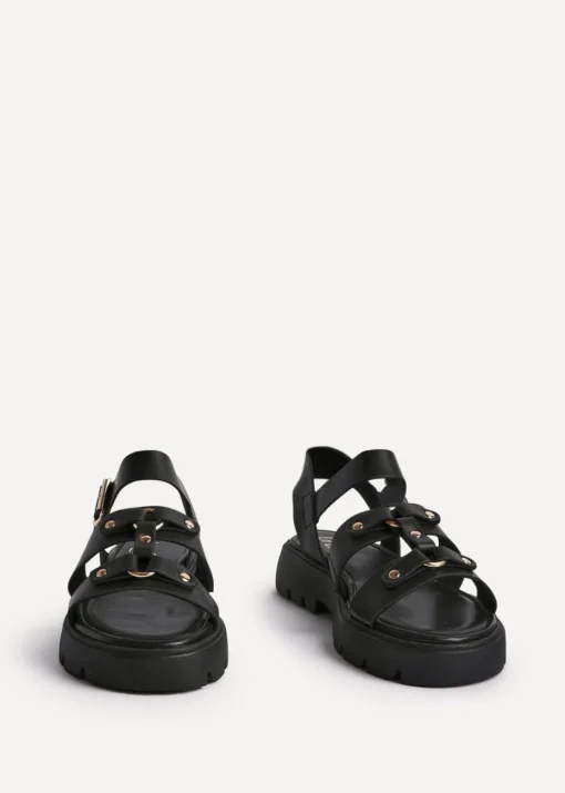Linzi Hattie Black Faux Leather Studded Gladiator Chunky Sandals