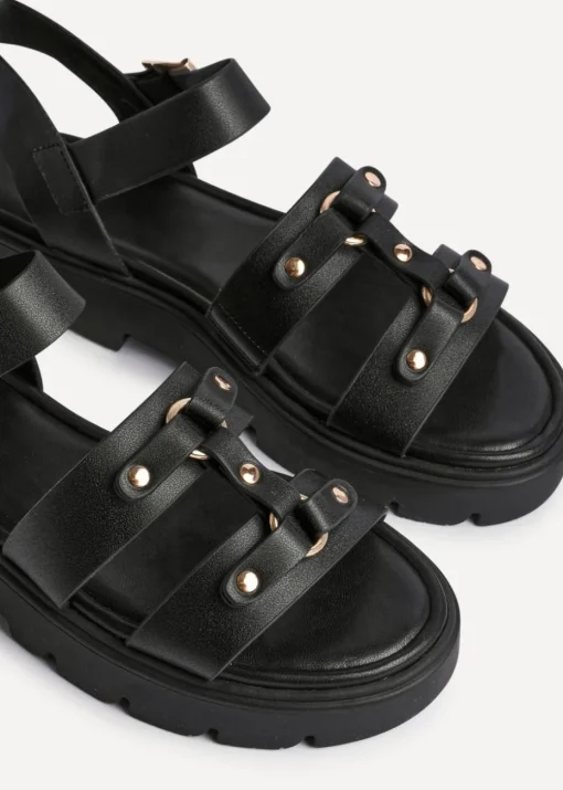 Linzi Hattie Black Faux Leather Studded Gladiator Chunky Sandals