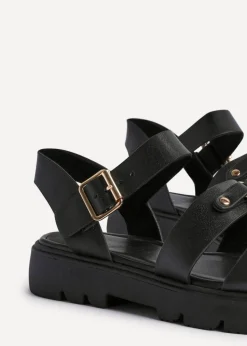 Linzi Hattie Black Faux Leather Studded Gladiator Chunky Sandals