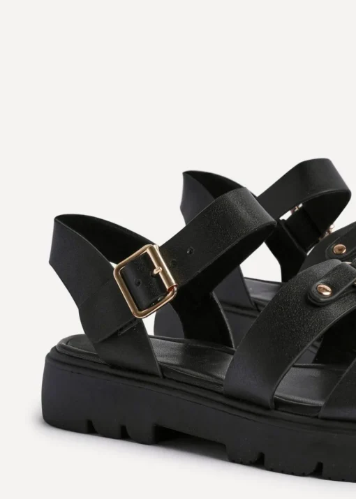 Linzi Hattie Black Faux Leather Studded Gladiator Chunky Sandals